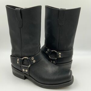 Double-H Mens Black Leather Harness Motorcycle Boots Square Toe Sierra Sole 4002